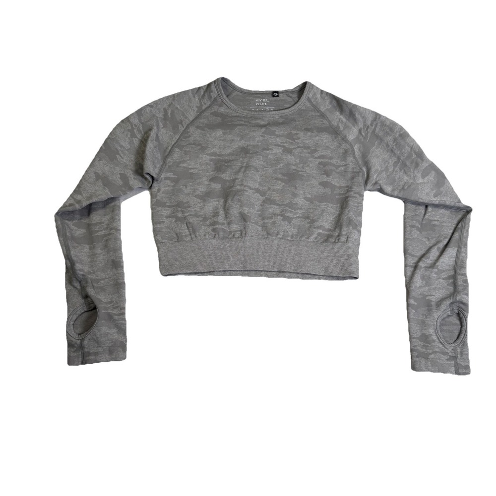 AYBL Camo Seamless Crop Top Women Large‎ Grey Excellent Long Sleeve Thumbholes